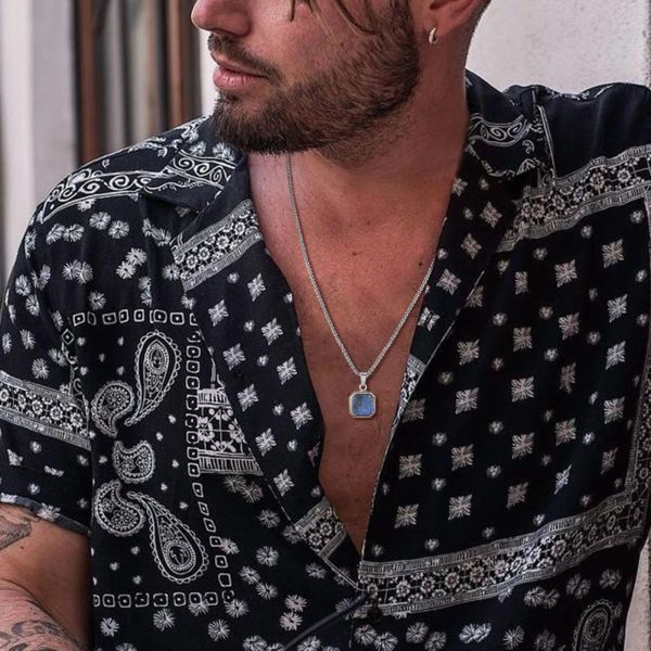 15mm Square 14k Gold Pendant Necklace for Men, Gemetric Enamel Lapis Lazuli Stone Pendant with Box Chain, Simple Sport Neck Collar