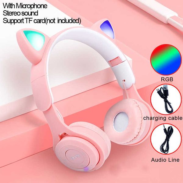 Cell Phone Earphones Flash Light Cute Cat Ears Wireless Headphone with Mic Control LED Kid Girl Stereo Music Helmet Bluetooth Headset Gift W