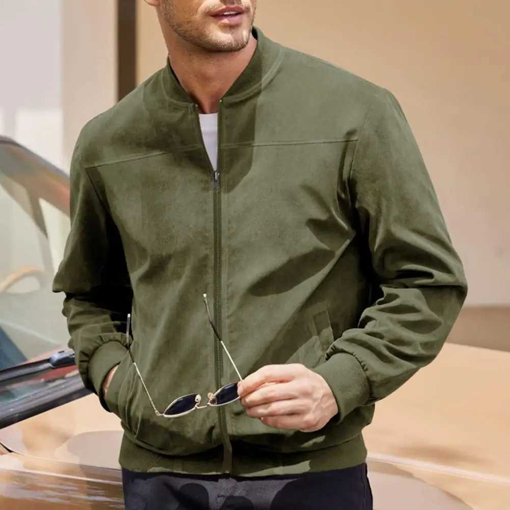 Men Suede Jacket Stand Collar Long Sleeve Zipper Placket Coat with Side Pockets Solid Color Loose Fit Ribbed Cuffs Hem Outwear M240921