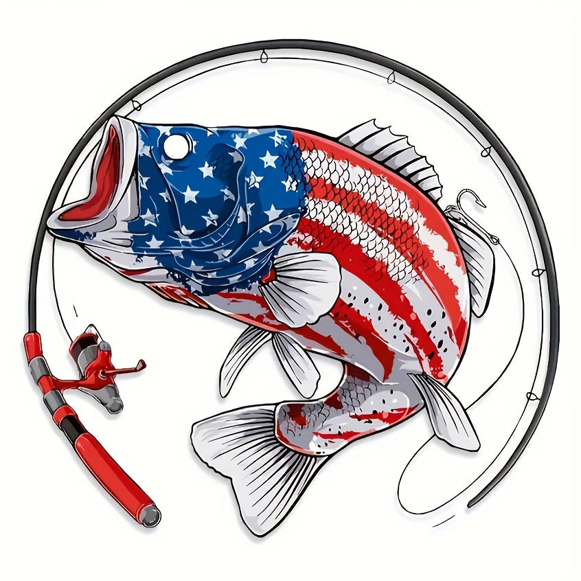 TEMU Patriotic American Flag Fish Vinyl Decal For Fishing Enthusiasts - Self-adhesive Cartoon Bass With Rods And Hooks Design - Vinyl Sticker For