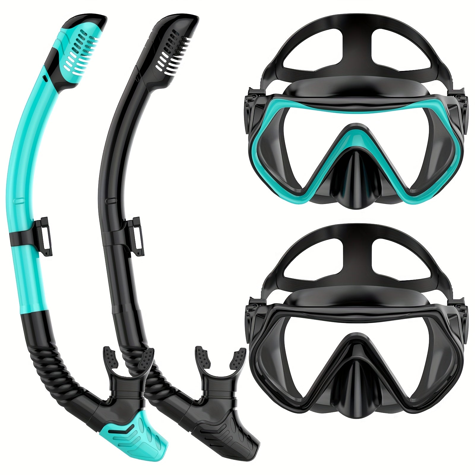 TEMU 2pcs Professional Snorkeling Gear Set For Adults - Full Face Mask & Snorkel System With -fog, -grade, 180° Panoramic View, Black-turquoise -