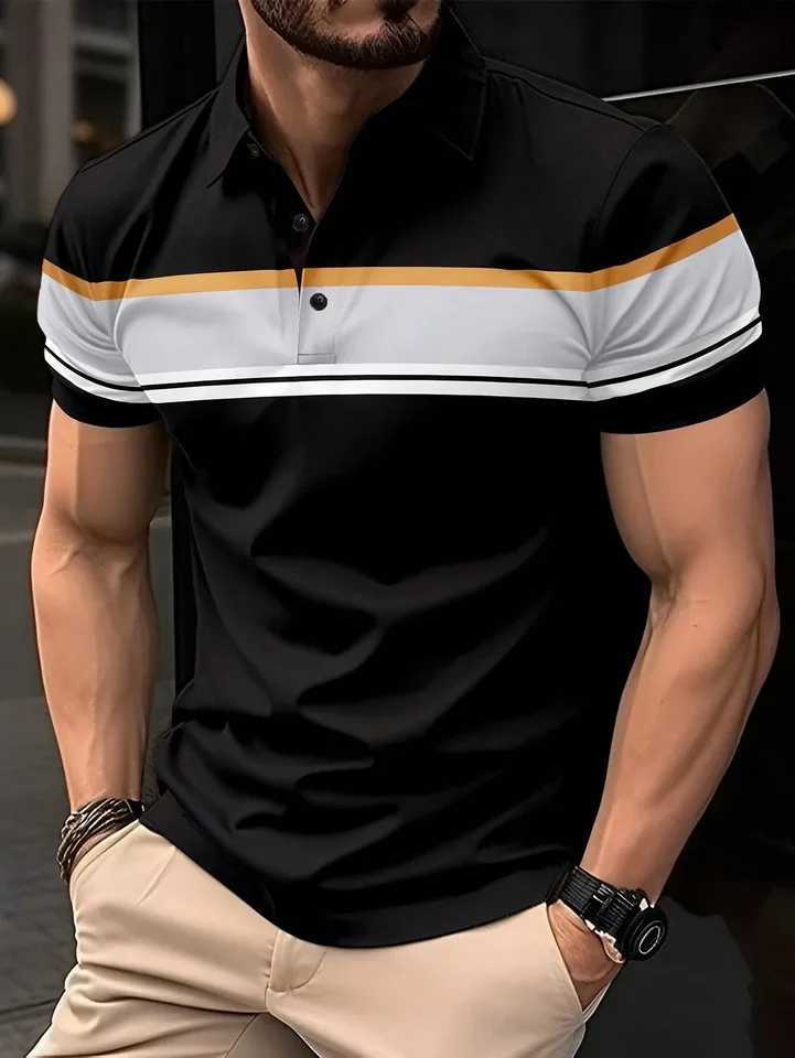 New Summer Mens Polo Shirt Button Collar Short Sleeve Pullover Casual Sports Solid Color Striped Lapel Trend Mens T ShirtX240920