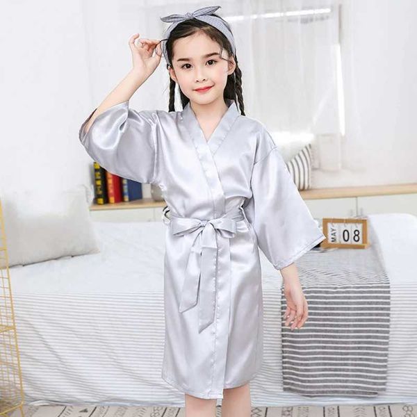 2-11Y Summer Girls Robes Satin Kids Robes Toddler Children Faux Silk Solid Loose Thin Soft Pajamas Chic Bathrobe Sleepwear DressXJ241216