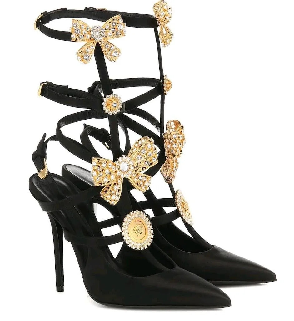 Top Luxury V-Bow Cage Sandals Shoes Women Gianni Ribbon Cage Satin High Heels Pointed Toe Pumps Party Wedding Lady Gladiator Sandalias EU35-43