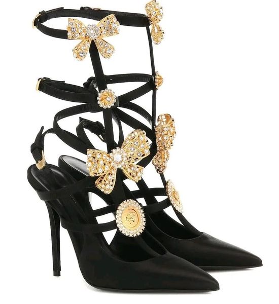 Top Luxury V-Bow Cage Sandals Shoes Women Gianni Ribbon Cage Satin High Heels Pointed Toe Pumps Party Wedding Lady Gladiator Sandalias EU35-