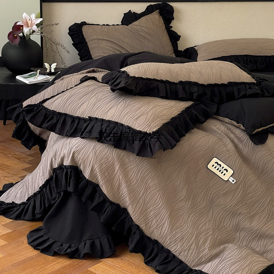 Retro Light Luxury Cotton Washed Cotton Simple Solid Color Lotus Leaf Lace Duvet Cover Bedding R3