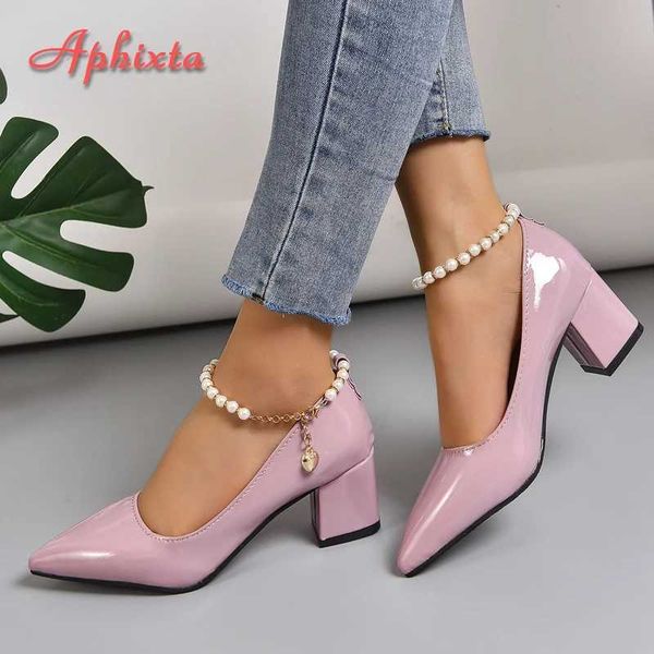 New Arrival Aphixta 5cm 7cm Thick High Heels Womens Pump Crystal Pearl Chain Ankle Lace Casual Shoes Fashion Patent Leather Plus Size 30-50