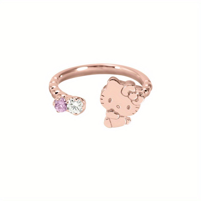 TEMU Stylish Adjustable Hello Kitty - Rose Gold Plated With Cubic Synthetic Zirconia, Suitable For Casual Attire And Gifting
