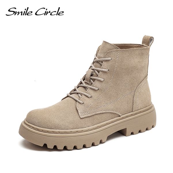 Smile Circle Ankle Suede Leather Women Flat Platform Short Ladies Shoes Fashion Autumn Winter Boots