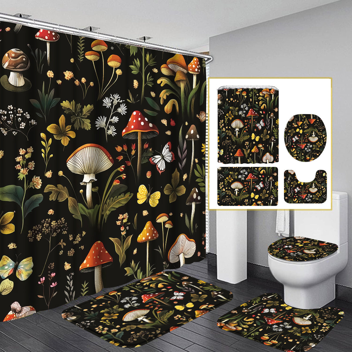TEMU 4pcs Retro Mushroom Floral Shower Curtain Set, Vintage Mushroom Boho Bathroom Sets With Shower Curtain And Rugs And Accessories, Fairy Shower