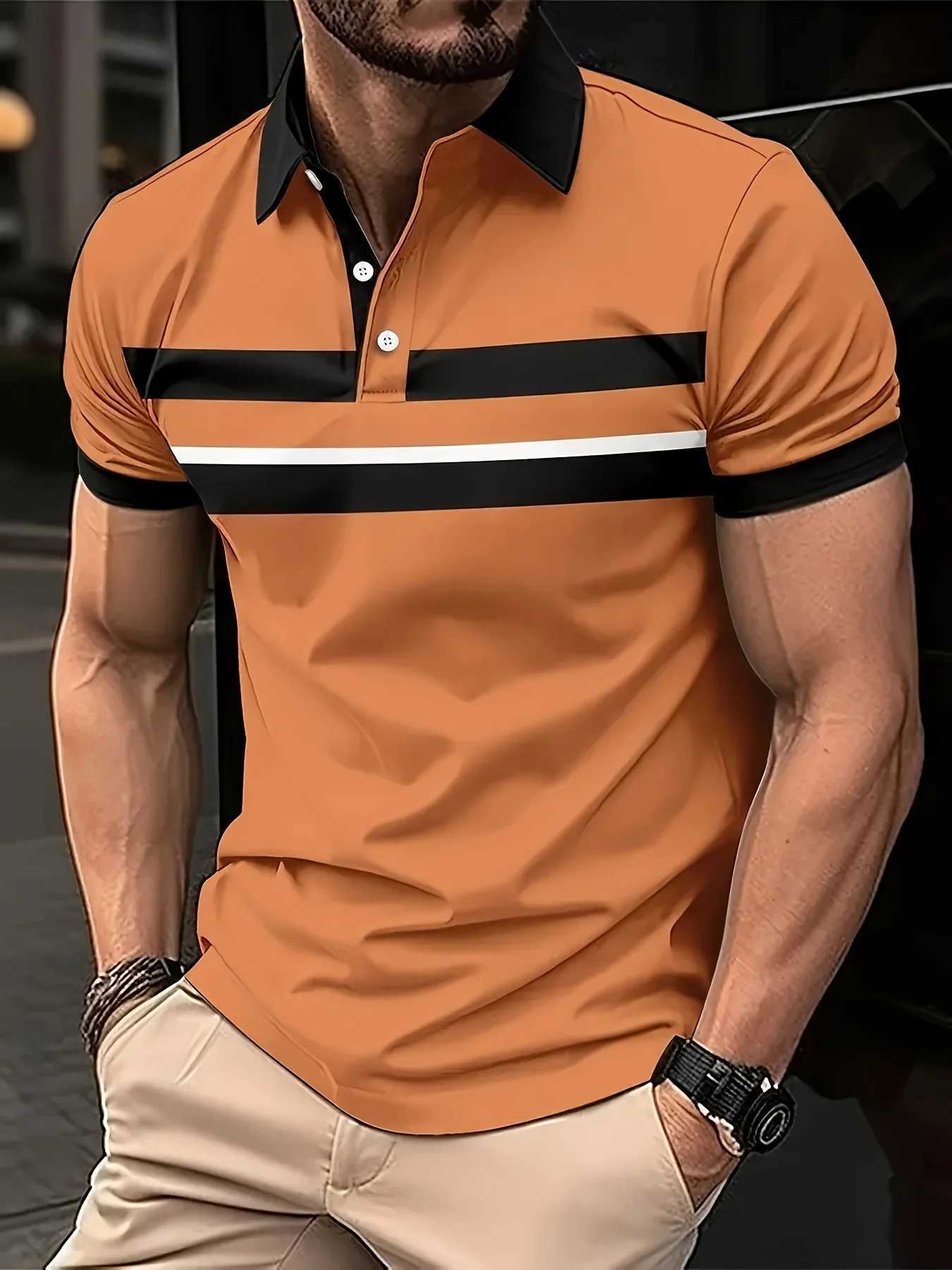 Mens Fashionable 3D Print Three-Color Striped Shirt - Short Sleeve Button Up Lapel Collar - Perfect for Stylish Summer WearX240920