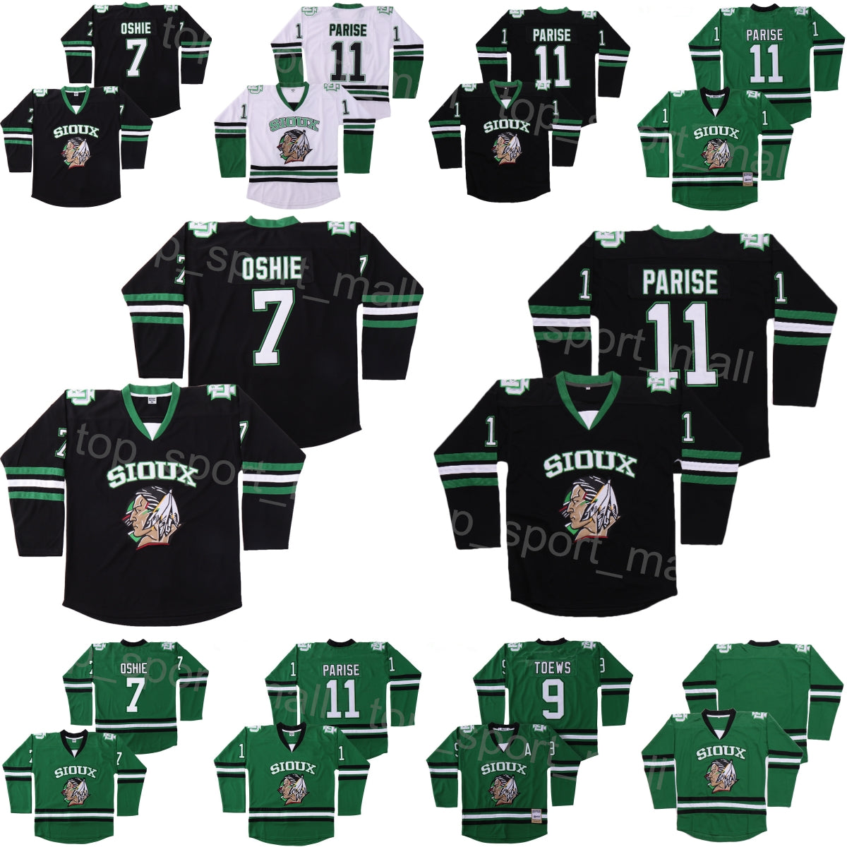 College Hockey North Dakota Fighting Sioux Jersey 9 Jonathan Toews 11 Zach Parise 7 TJ Oshie Ross The BOSS Rhea 3 ST Johns Shamrocks Green Black Whi