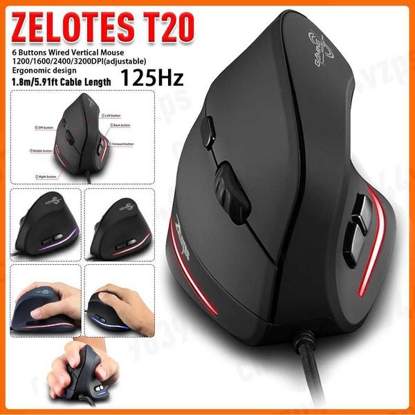 ZELOTES T20 Wired Vertical Optical Mouse 6 Buttons Gaming Mice for PC Computer Y240820