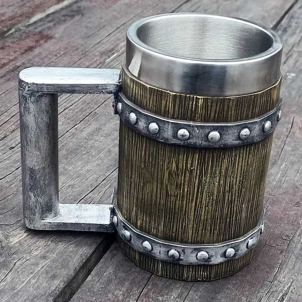 Germany Wood Grain Beer Mug 304 Stainless Steel Medieval Tavern Wooden Imitation Barrel Tankard Beer Mug Coffee Cup Men Gift RetM240803