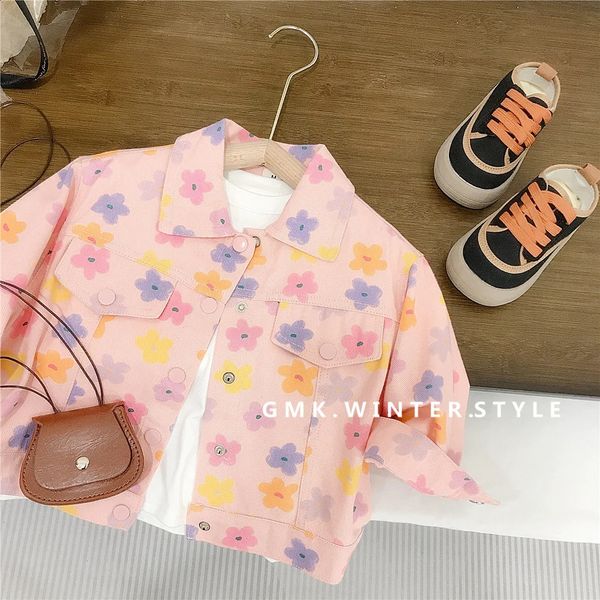 Spring Autumn Children Girl Jacket Floral Turn Down Collar Young Kid Girl Coat Casual Love Print Long Sleeve Baby Girl Outerwear 250114