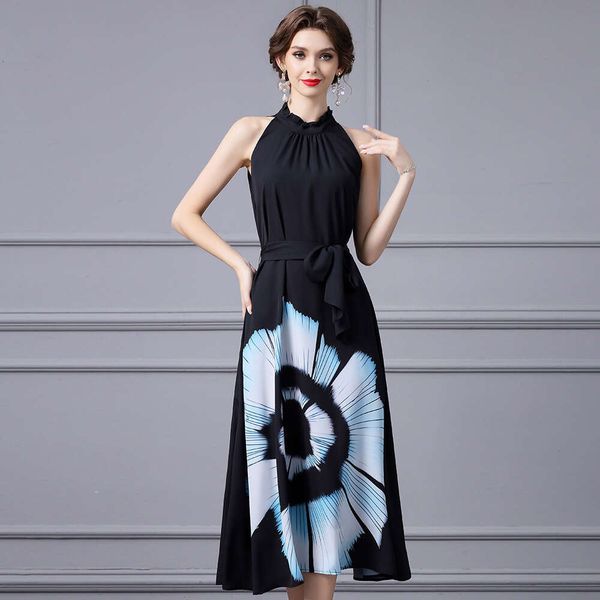 Flower Printed Sleeveless Large Swing Long 2024 Summer New Style Belt Waist Collection High End Hanging Neck Dress BOHO DRESS High Waist Dre