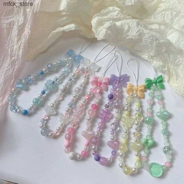 Cell Straps Charms Bow Heart Beaded Bracelet Colorful Lanyard Flower Butterfly Charm Pearl Mobile Phone Wrist Stra Acrylic Anti-Lost Chains