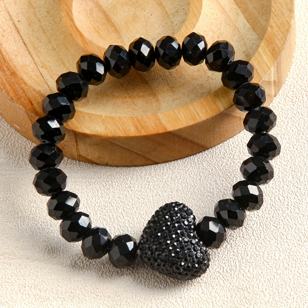 TEMU & Stylish Women's 10mm Colorful Sparkling Glass Bead Stretch Bracelet With Red Heart Charm - Ideal For Casual Attire & Gifting On Valentine's,