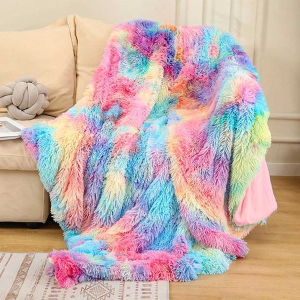 Colorful ultra soft long artificial fur coral fleece blanket warm and comfortable fluffy Sherpa throw blanket bed sofa blanket pillow Y24100
