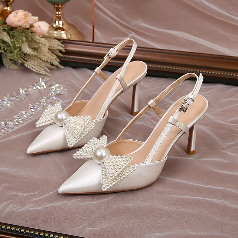 French Wedding Shoes Women 2024 New White Bridesmaid Shoes Bow High Heels Elegance Sandals