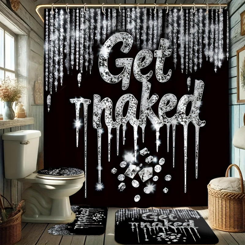 TEMU 4pcs Black Diamonds Drapery Shower Curtain With Multiple Hooks Decorative Bathroom Set Barrier Shower Curtain, Non-slip, Toilet U, Toilet Cover,