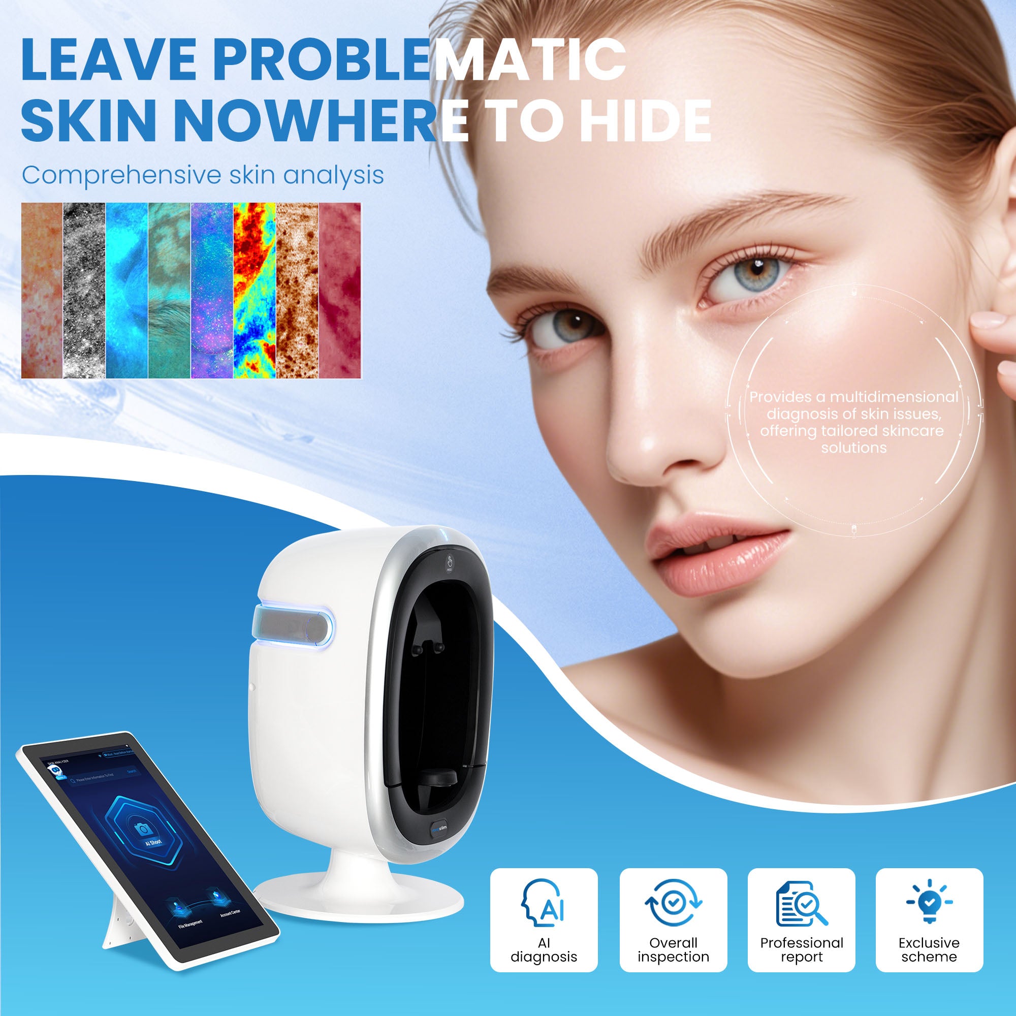 AI Skin Tester Deep Facial Skin Problem Analysis Machine 3D Scanner HD Image Comprehensive Report for Salon Skin Analyzer