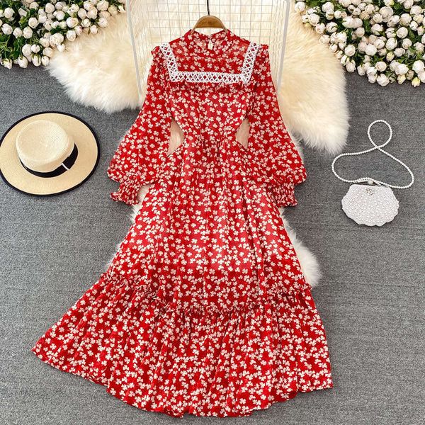 Spring and Autumn French Grand Swing Long Super Fairy Fragrant Flower Skirt Lantern Sleeve High Waist Look Skinny Lotus Leaf Edge Stand Up C