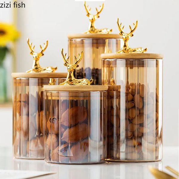 Transparent Glass Storage Jar Elk Deer Golden Candy Jars Kitchen Household Dried Fruit 241121
