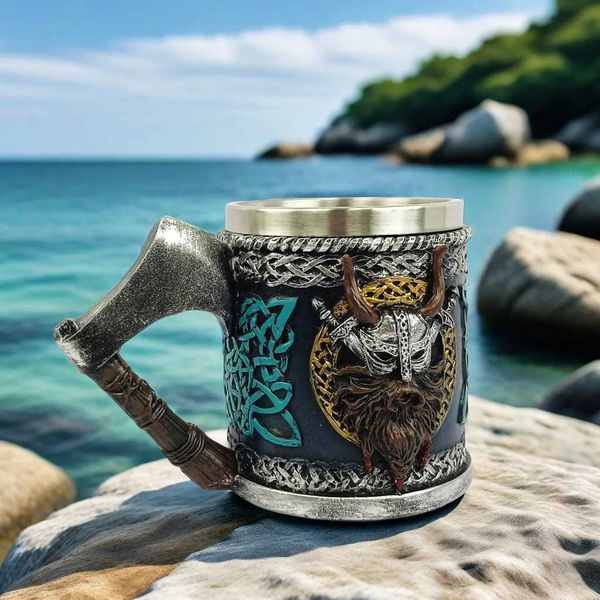 Viking Beer Mug Medieval Viking Tomahawk Resin Stainless Steel Mark Coffee Cup Personalized Gift Halloween Bar DecorationM240803