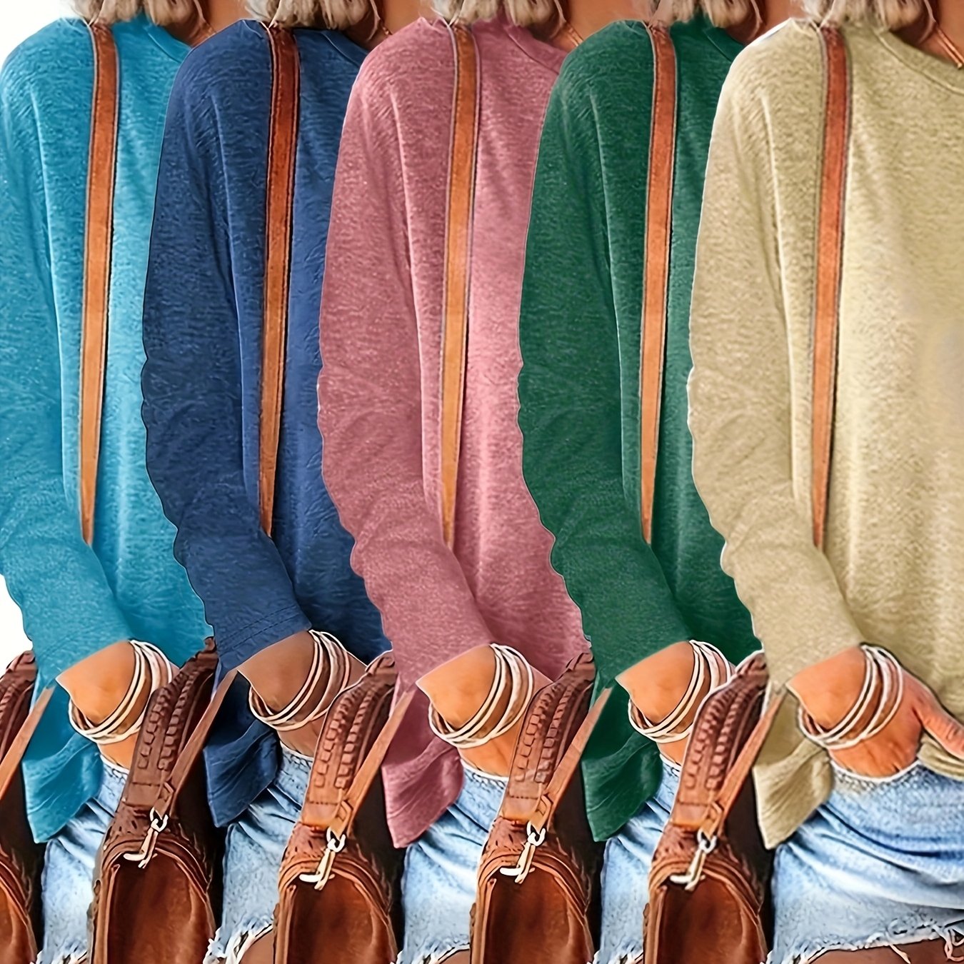 TEMU 5pcs Women's Casual Long Sleeve T-shirts - Soft, Breathable, Machine Washable, Round Neck, Solid Color Tops For Spring & Fall, Casual Attire And