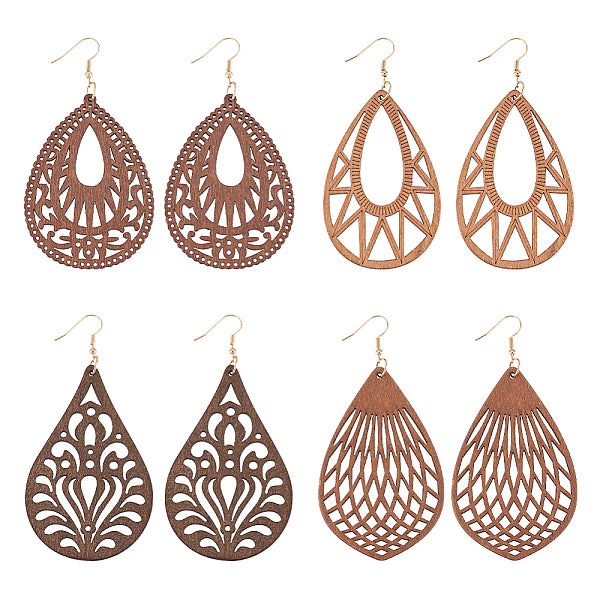 4 paire de 4 styles de boucles d'oreilles pendantes en forme de larme creuse en bois naturel