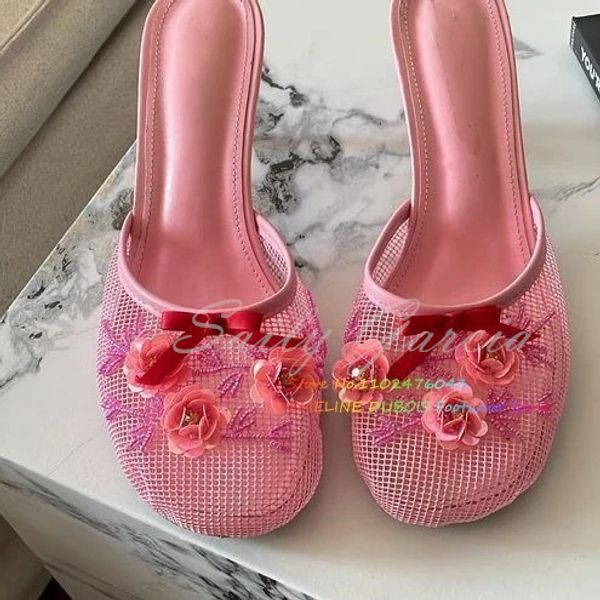 Pink Mesh Sequin Slide Beaded Chinese Slippers Ral Embellished Shoes Summer Round Toe Wine Glass Black Low Heel Mules
