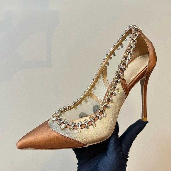 Dress Shoes Spring Summer Pointed Mesh Breathable Pumps Women Patchwork Shiny Crystal Decoration Thin High Heel Banquet Elegant