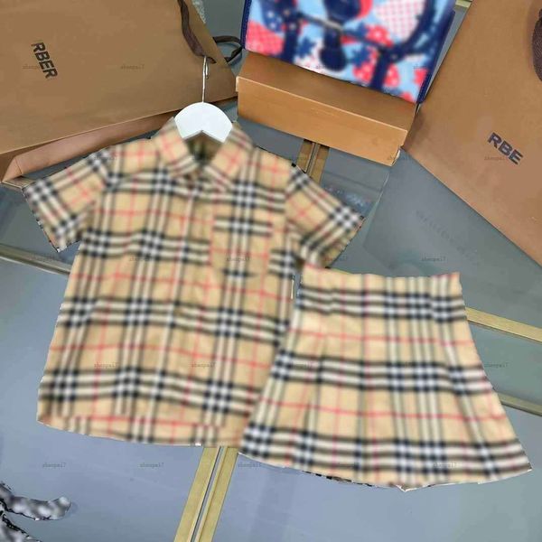 Top Princess dress summer kids tracksuits baby clothes Size 100-150 CM Checker design Short sleeved shirts and skirts