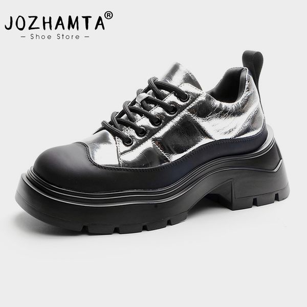 Size JOZHAMTA 34-40 Ins Women Loafer Pumps Real Leather Thick Heel Platform Shoes 2025 Lace-Up Round Toe Office Lady Dress d20d