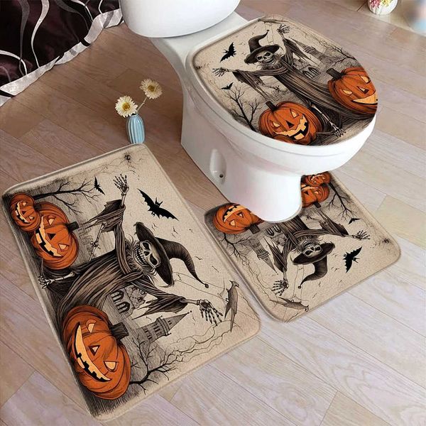 Halloween Bath Mat Set Black Bat Dead Tree Pumpkin Terrifying Skeleton Home Carpet Bathroom Decoration Floor Carpet Toilet Lid M240829