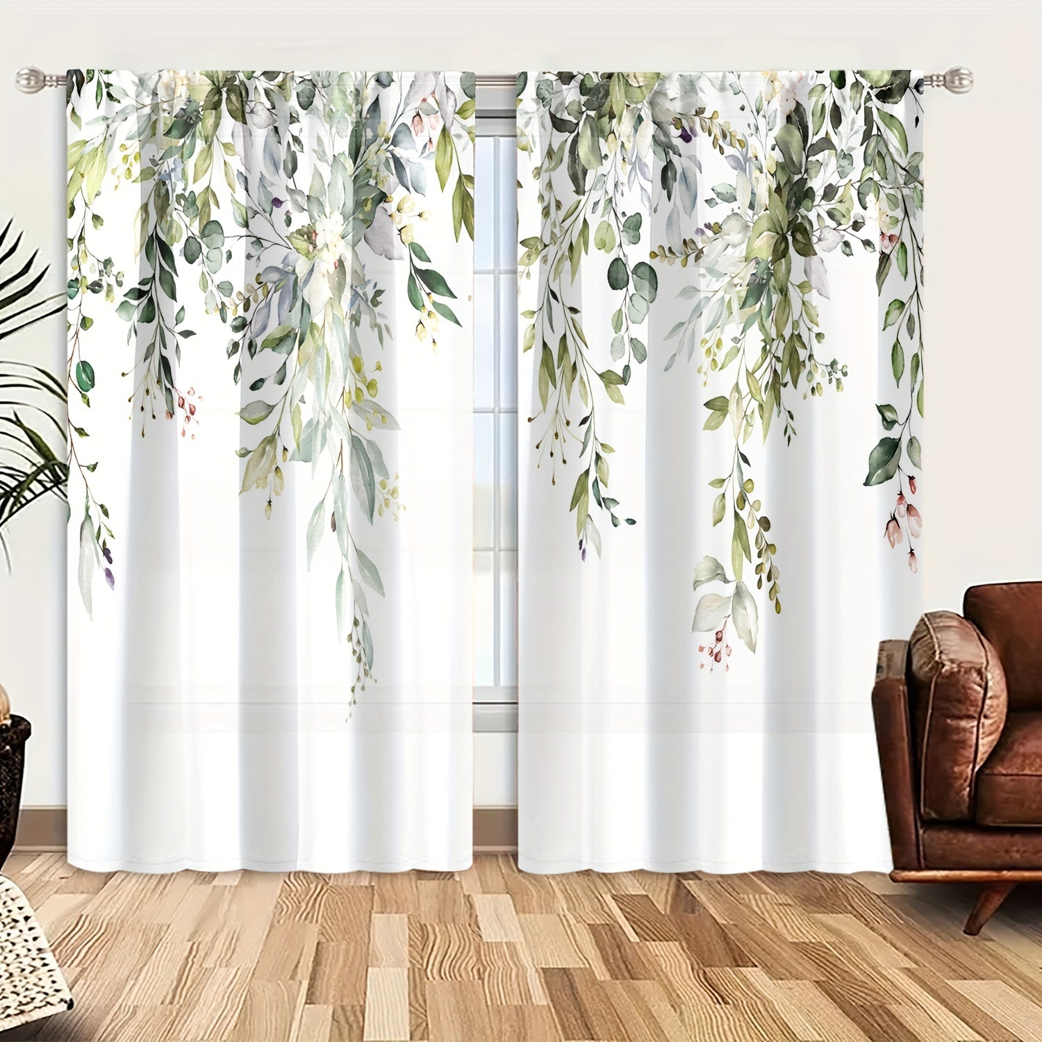 TEMU 2d Flat-2pcs Semi-blackout Green Eucalyptus Leaves Floral Printed Curtains, Reducing Thermal And Noise Curtain, Spring Farmhouse Rod Pocket
