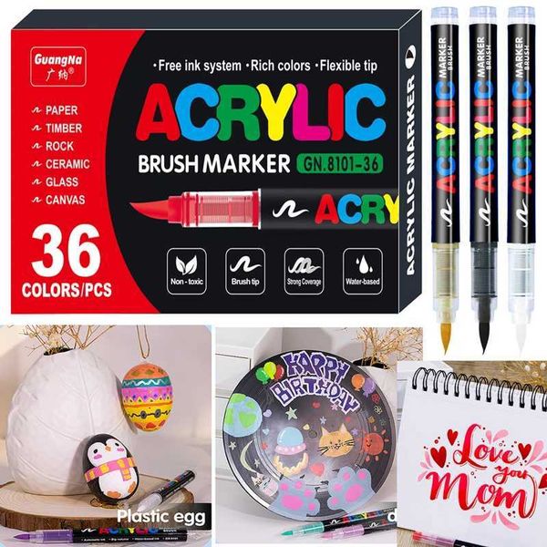 Watercolor Brush Pens 36 Colors Acrylic Paint Pens Brush Marker Pen for Rock Painting Stone Ceramic Glass Wood Canvas DIY Art Supplies Drawi