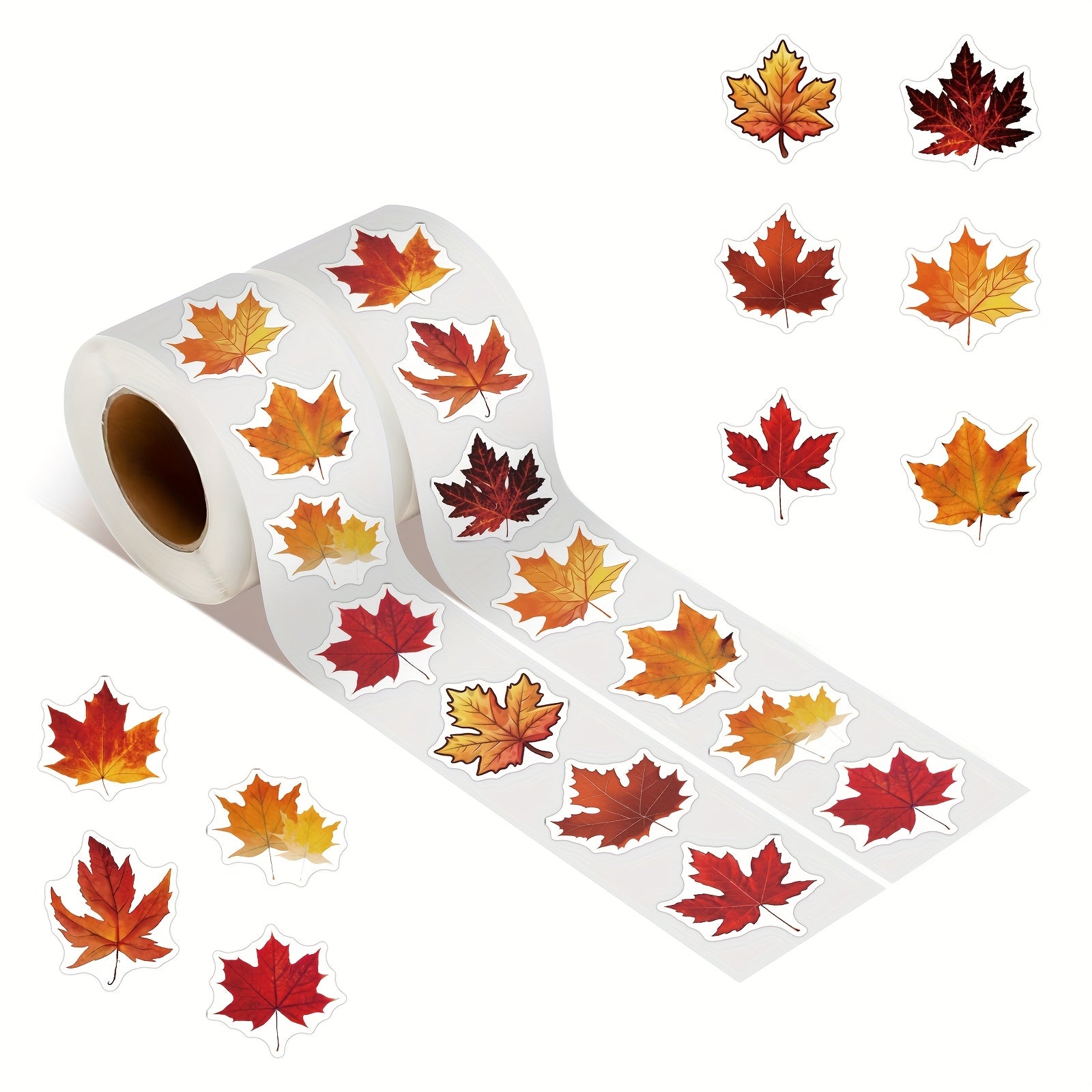 TEMU 500pcs Vibrant Maple Leaf Stickers Roll - Reusable, Glossy Finish, Self-adhesive Vinyl For Scrapbooking, Diaries, Bumpers, Skateboards, Water