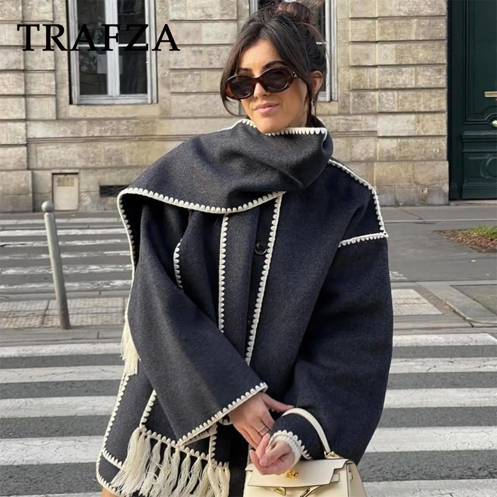 TRAFZA 2024 Autumn Winter Casual Zigzag Scarf Collar Jackets Fashion Loose Streetwear Elegant Demi-Season Jacket For Women