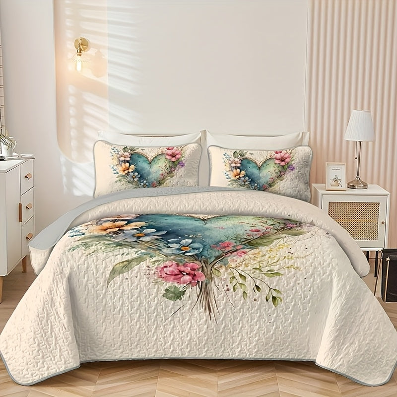 TEMU 2-3pcs Pure Elegant Love Heart Flowers And Plants Quilted Quilt, 1pc Quilted Quilt+ 1-2pcs Pillowcases, Soft Breathable Comfortable Portability