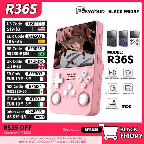 R36S Retro Handheld Video Game Console Linux System 3.5-inch IPS Sn Mini Portable Handheld Video Player 64GB 15000 GamesC250212