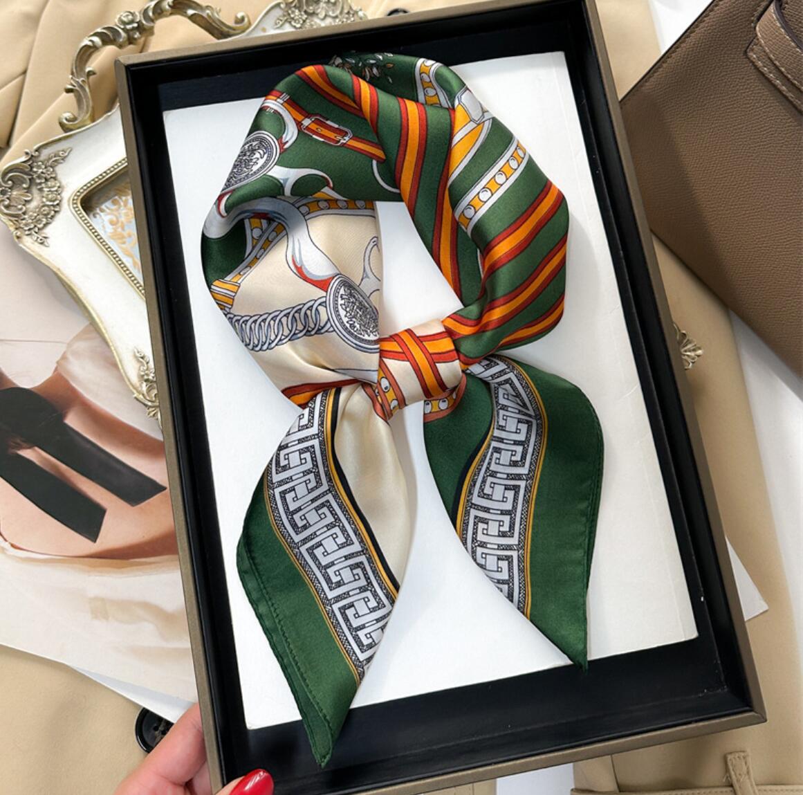 Artwork Printed Flower imitate Silk Scarf Headband for Women Fashion Long Handle Bag Scarves Paris Shoulder Tote Luggage Ribbon Head Wraps 70x70CM 2