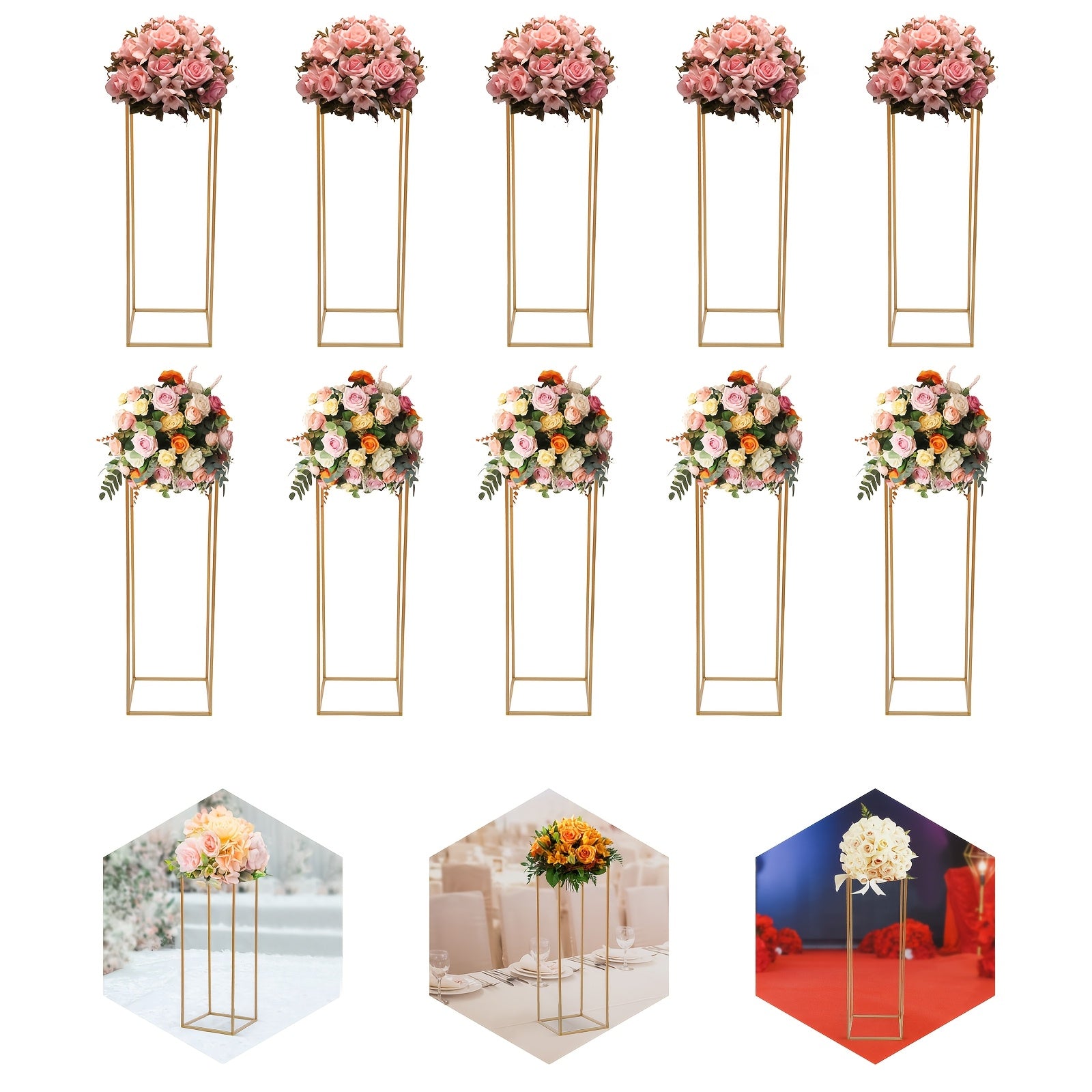 TEMU 10pcs Wedding Flower Stand, Metal Vases Column Stand In Golden Geometric Flower Rack Holder For Wedding Birthday Parties Themed Events