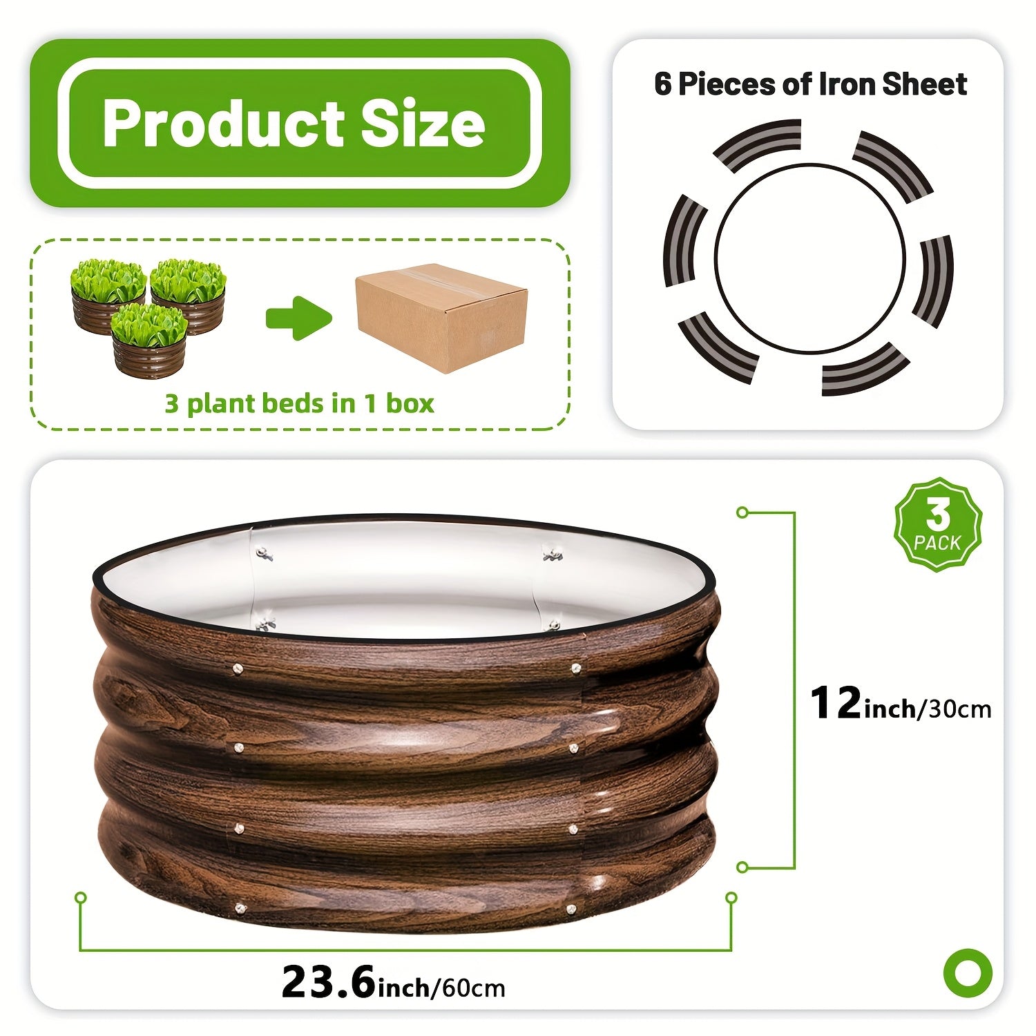 TEMU 3pcs 2x2x1ft Round Raised Garden Bed Kit, Metal Planter Box For Planting Plants Vegetables, Flowers