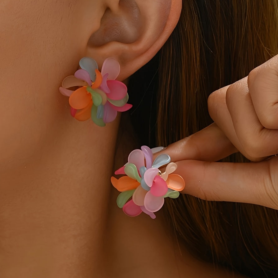 TEMU Boho-chic Summer Floral Heart Dangle Earrings - Colorful Acrylic Petals Casual Attire