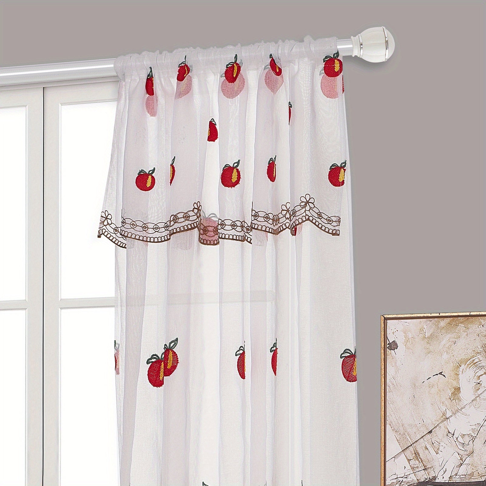 TEMU 1panel Short Curtain Rod Pocket Small Curtain Window Embroidery Fruit Pattern Curtain For Living Room Study Balcony Home Decoration