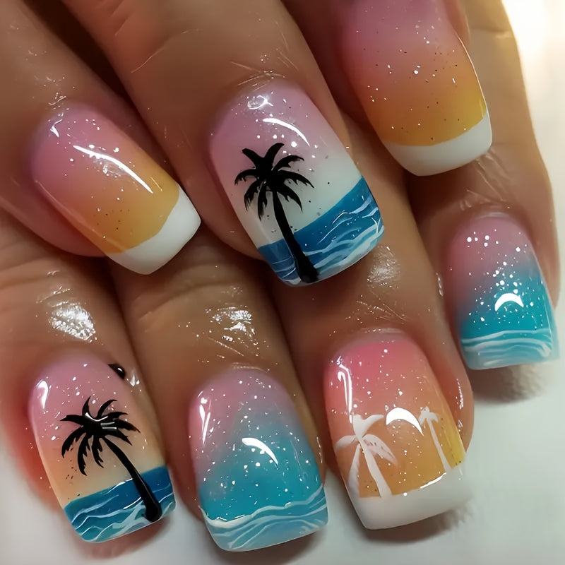 TEMU 24pcs Press-on Nails – Short Square Glossy False Nails With Palm Tree & , Gradient Pink To Blue With Jelly Glue & Nail File Included, Summer