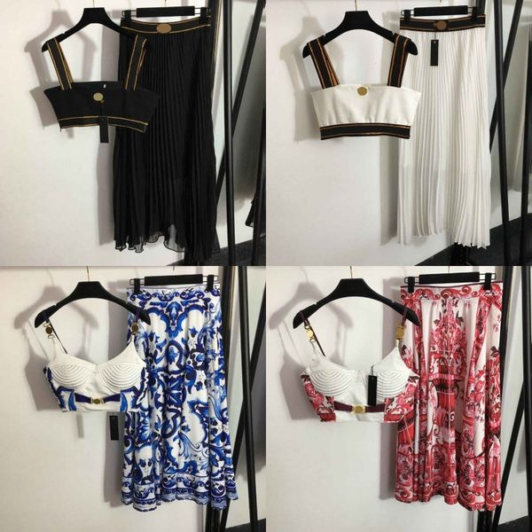 Cropped Women Tanks Skirt Dress Vintage Contrast Color Vest Skirt Outfits Luxury Designer Summer Elegant Tank Skirts Set