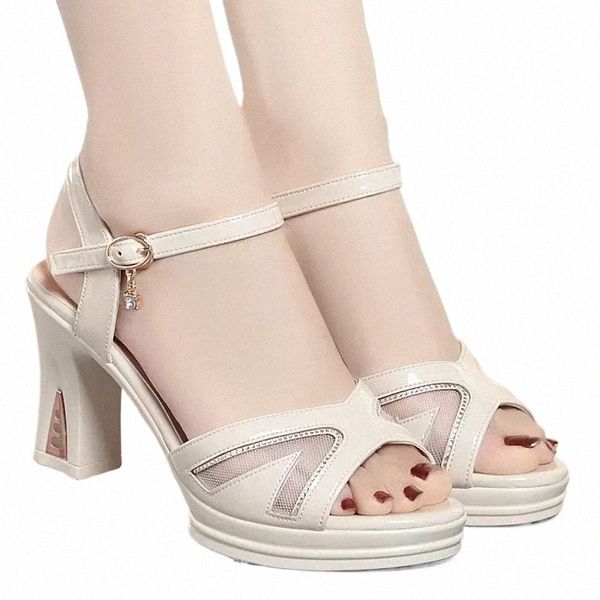 new Size 35-40 Breathable Leather Network Block High Heels Sandals Women 2024 Fashion Summer Chunky Platform Shoes Office Model e7Bb#